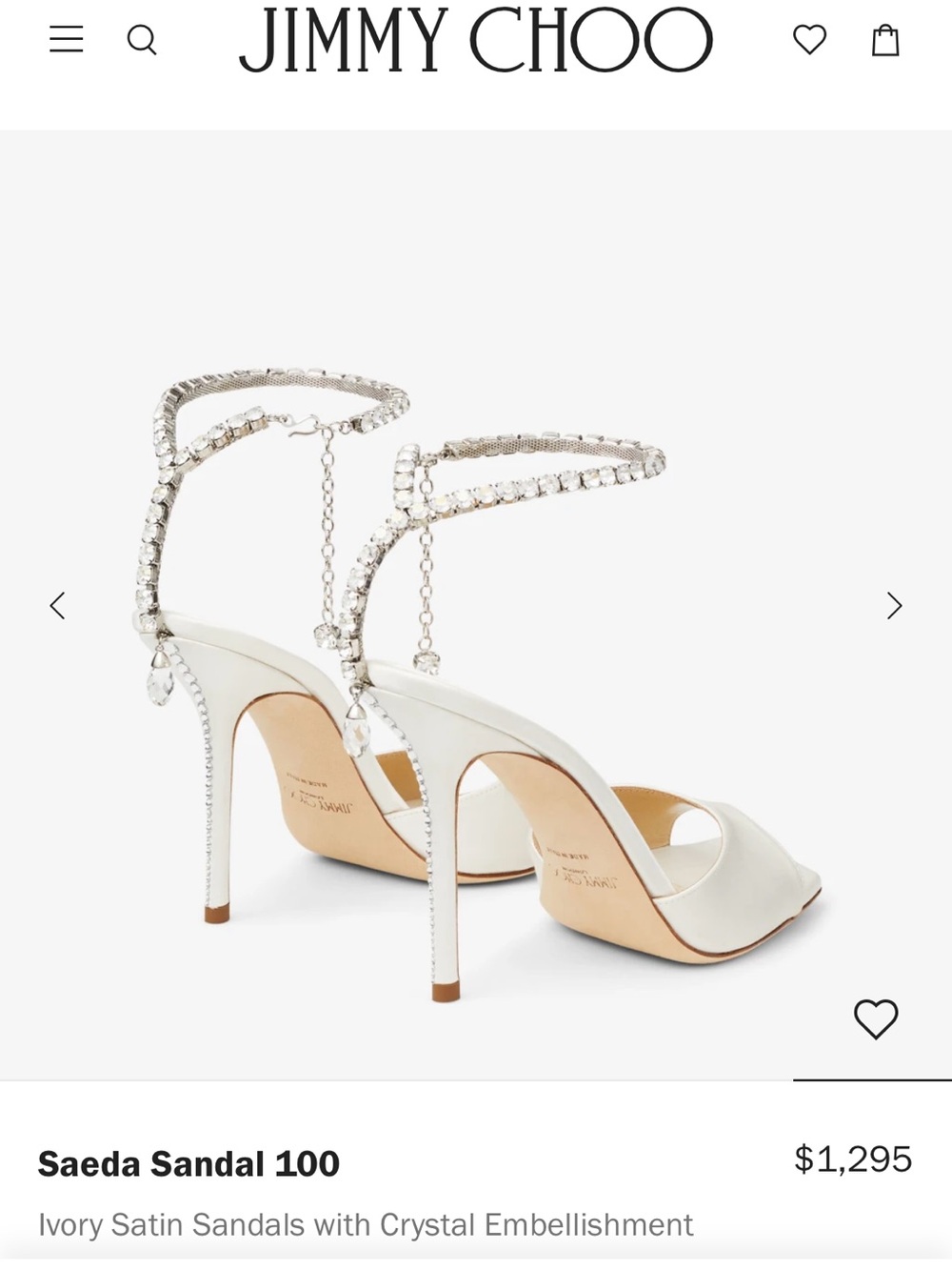 Jimmy Choo Saeda 100 Ivory Satin Crystal Ankle-Strap Sandals - Picture 2 of 10